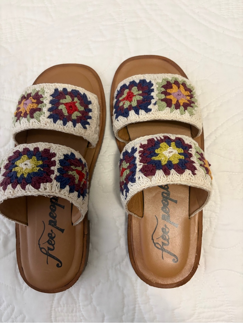 Free People Tan Leather Slide Sandals with Multicolor Crochet Straps